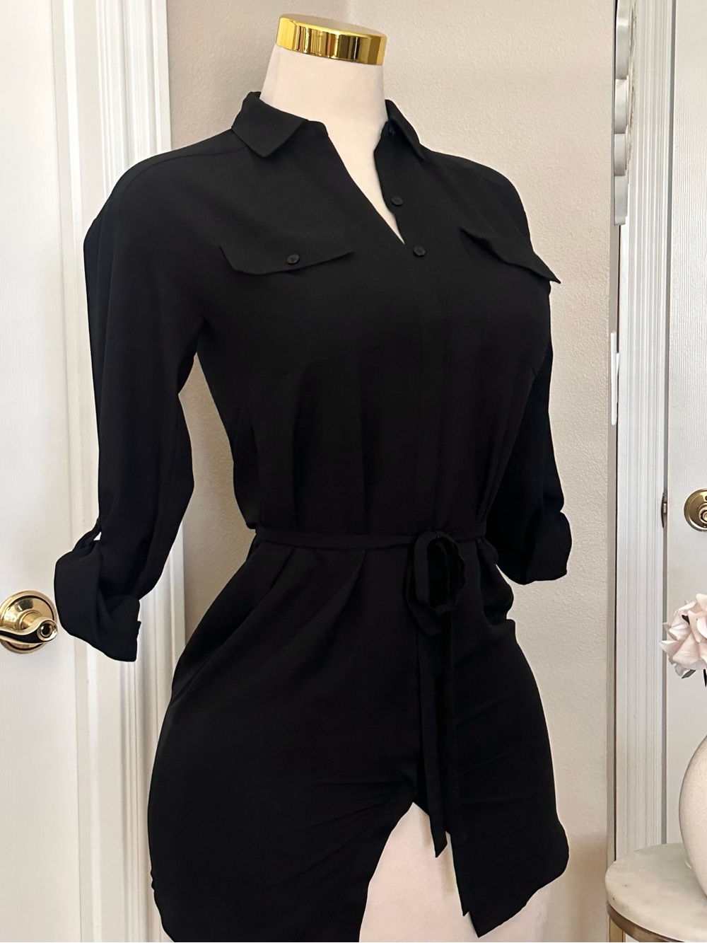 Express Black Portofino Button-Front Mini Shirt Dress w/ Tie Waist Sz XXS